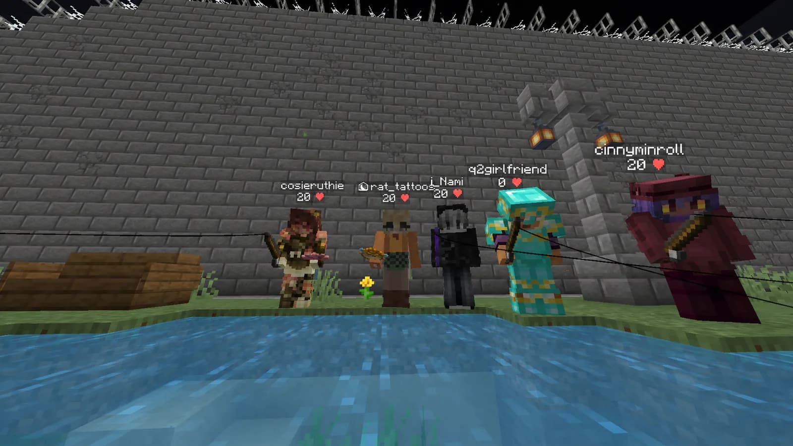 Five Airidale players fishing together beside a prison wall